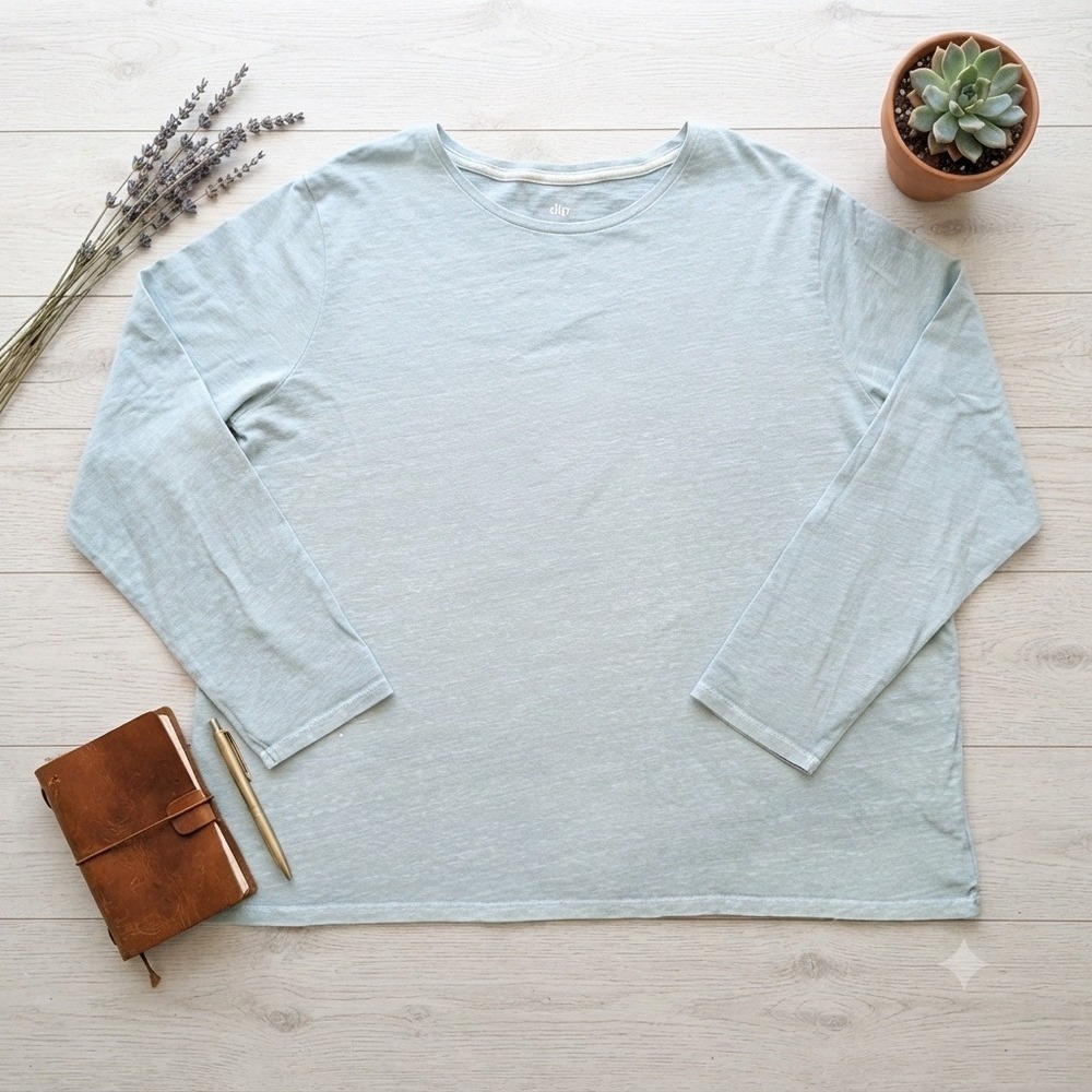 Dip Womens 3X Long Sleeve Slub Knit T-Shirt Lt Blue/Mint Crew Neck Plus Size Tee